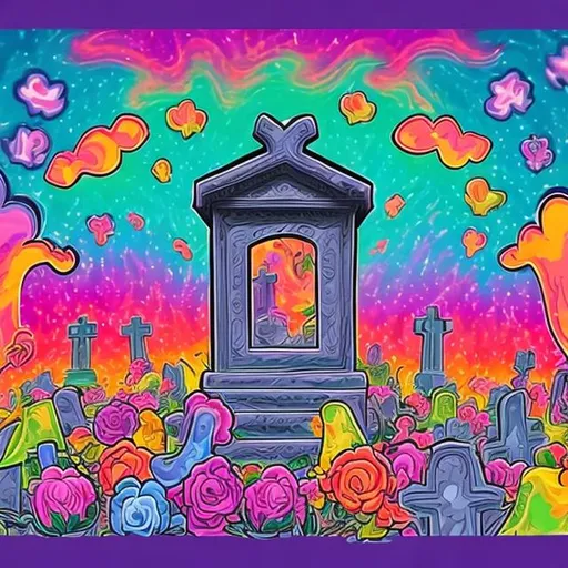 Prompt: Cemetery in the style of Lisa frank