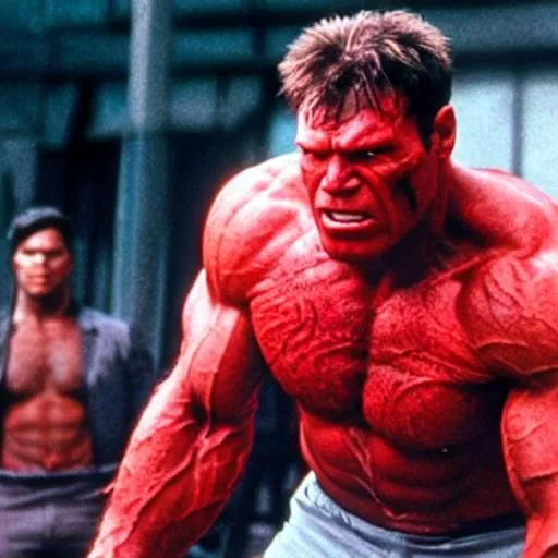 Prompt: Harrison Ford as the red hulk movie still, muscular, red skin