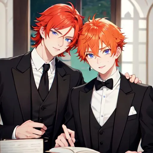 Prompt: Erikku 1male (short fluffy ginger hair, freckles, right eye blue left eye purple) wearing black suit at a wedding