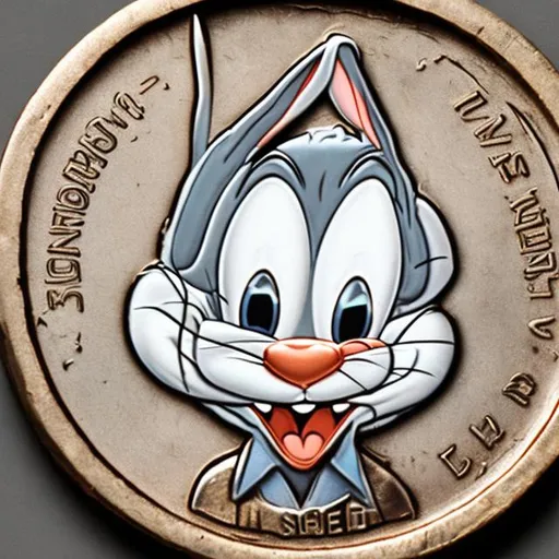 Prompt: Bugs Bunny, on a coin, surprise me