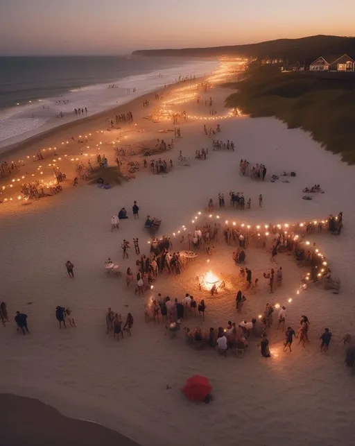 Prompt: A lively aerial shot of a beach party at dusk with bonfires and lanterns scattered across the sand. Groups of friends dance together while waves crash gently along the shoreline behind them. The scene is illuminated by the warm light of the setting sun blending with the cooler light of the rising moon. Shot with a DJI Mavic 3 drone using a wide angle lens to capture the scope. The mood is carefree summertime joy. In the style of José Luis Ruiz.