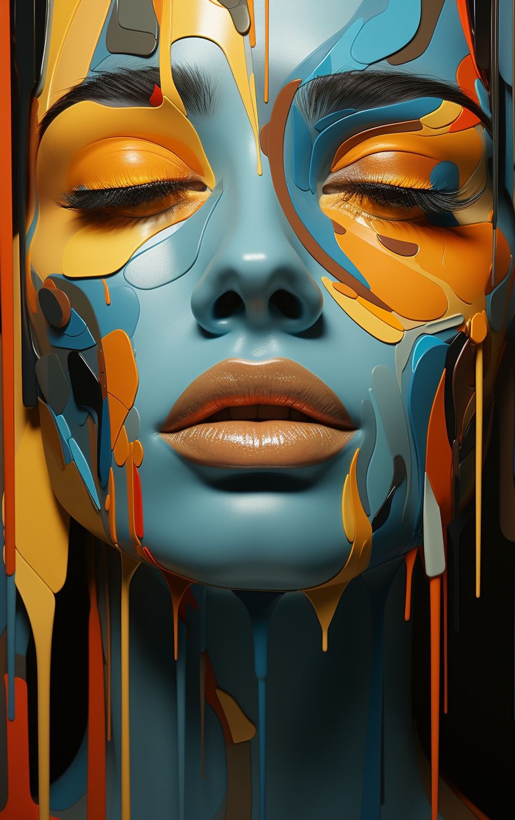 Prompt: an art print of an abstract digital art work, in the style of illusory wallpaper portraits, stripes and shapes, simplified and stylized portraits, sunrays shine upon it, emphasis on facial expression, teal and orange, surreal realism
