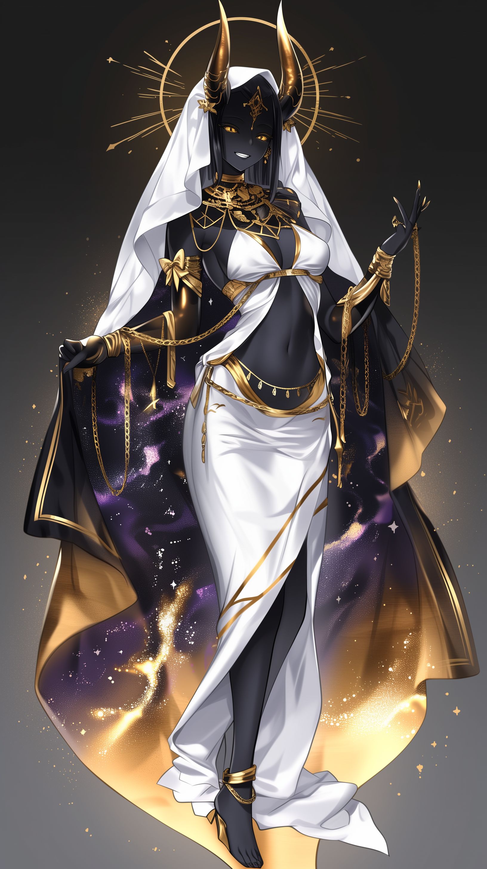 Prompt: female, colored skin, black skin, colored black skin, gold horns, curves, lava lamp horns, visible shoulders, detached sleeves, belly, jewelry, gold chain, necklace, white dress, cape with inner lining cosmic (black and gold), colored sclera, yellow eyes, black sclera, bow, low cut, keyhole, navel, white veil, ultra-detailed, high definition