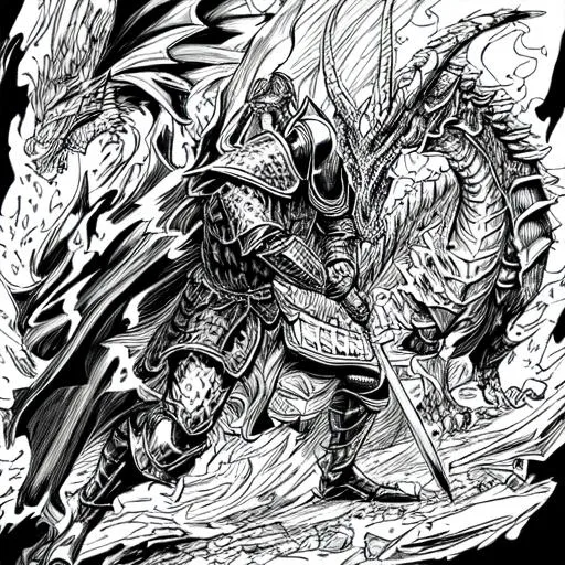 Prompt: black and white coloring page of a knight fighting a dragon