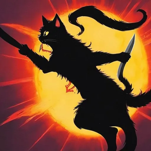 Prompt: a black cat wielding a dagger made out of the sun