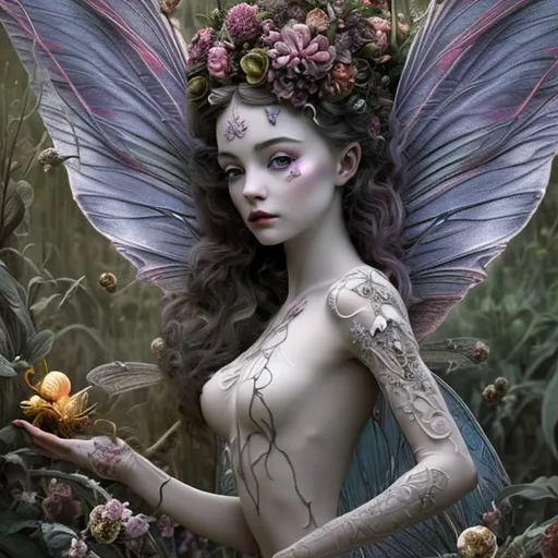 Prompt: Intricately detailed beautiful fairy goddess of the flower harvest hyper realistic extremely detailed dark cinematic in the style of Dali