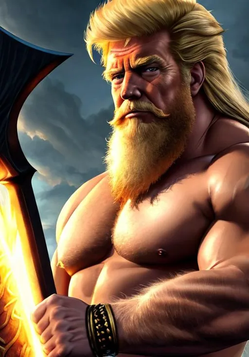 Prompt: UHD, , 8k, high quality, poster art, (( Aleksi Briclot art style)), Donald Trump, hyper realism, Very detailed, full body, muscular, view of an old man, no shirt, large beard, Barbarian, tribal tattoo, blonde hair, giant battle axe. black leather armor, mythical, ultra high resolution, light and shading in 8k, ultra defined. 