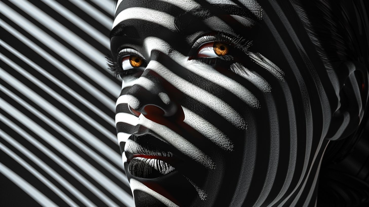 Prompt: Render of a woman in a futuristic setting, her face adorned with black and white stripes, resembling a poured art effect with deep shadows.