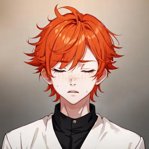 Prompt: Erikku male adult (short ginger hair, freckles, eyes closed) UHD, 8K, Highly detailed, insane detail, best quality, high quality,  anime style, upset, crying