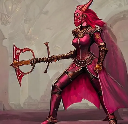 Prompt: A beautiful reddish pink skinned female tiefling cleric wearing a masquerade mask that  covering the left side of her face
And plate armour, a Warhammer and a shield
In a big ritual room kneeling in the middle of sigils surrounded by devils