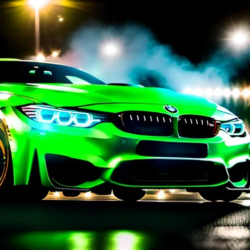 Prompt: photorealistic, 8K, hiperrealistic, cinematich lightitng, white tuned BMW M-4 drifting, half-sideways view, different front and rear rims, green smoke from rear tyre, night, bright moon, green headlights turned on, mirroring, beautiful light shader