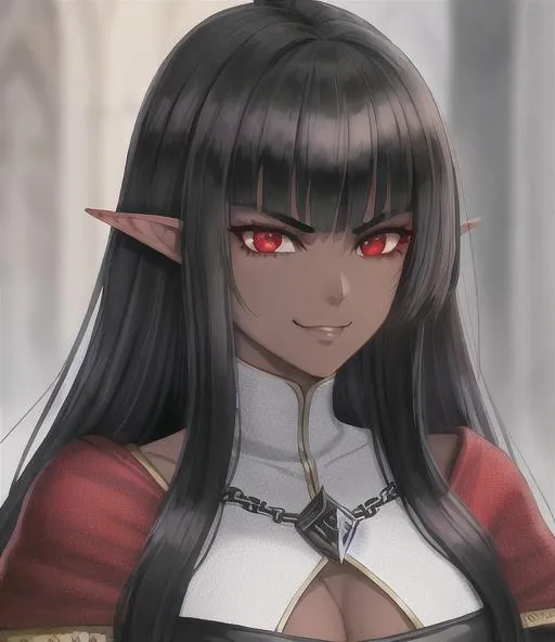 Prompt: Female with black hair, portrait, dark elf, red eyes, dark brown skin, 4k, hyperrealisitic, royal princess, berserk, game of thrones, arrogant smirk, 