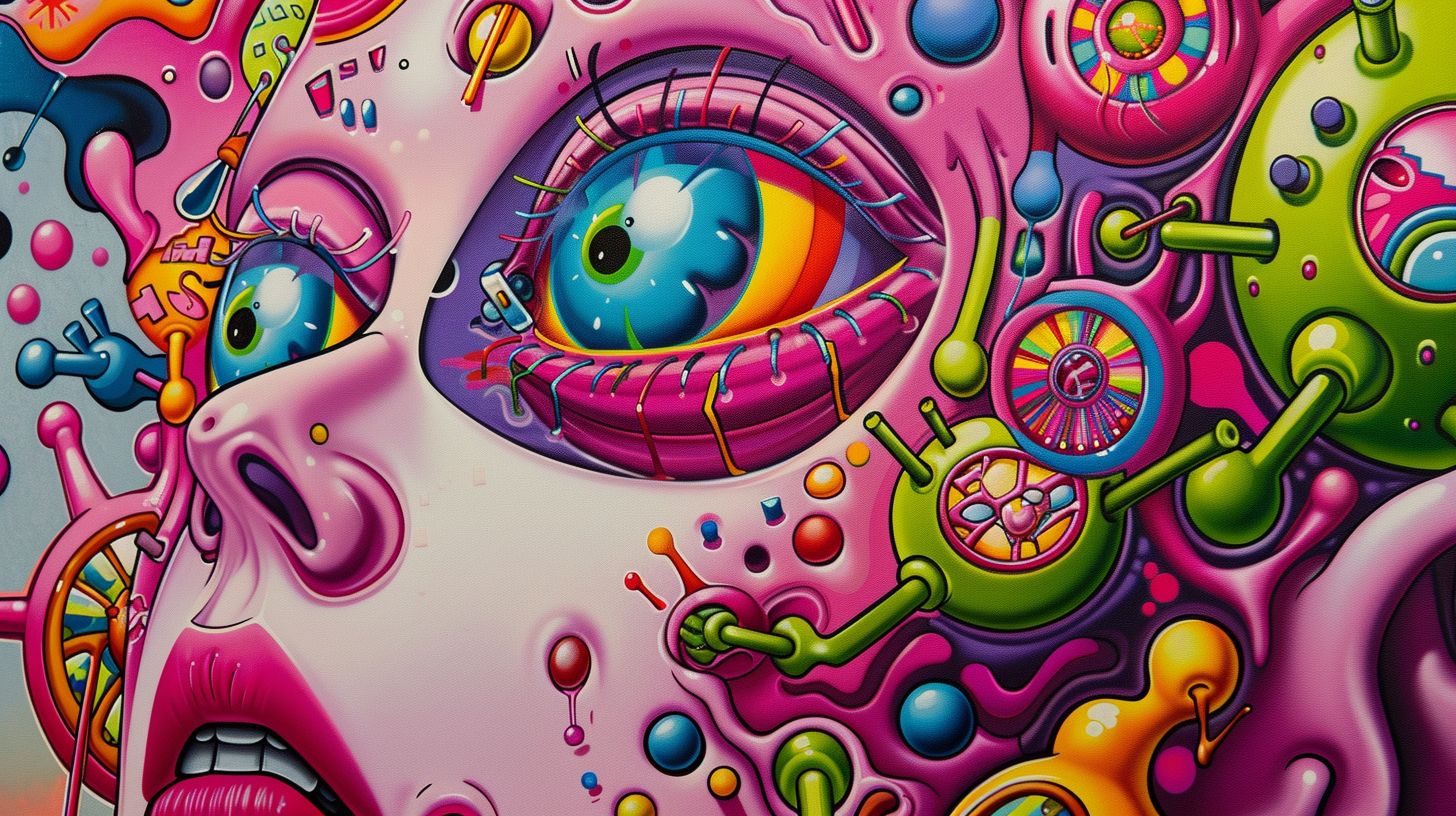 Prompt: a psychedelic art piece with bright colors and eyes, in the style of garbage pail kids, industrial paintings, detailed perfection, playful caricature, punctured canvases, neo-op