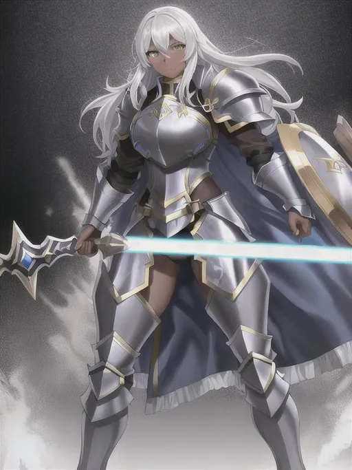 Prompt: Fire Emblem style female human knight, dark skin, straight yellow hair, brown pupils, muscular, blue heavy armor, no helmet, holding shield, show thighs, damaged, die in battle, full body shot, monochrome background.