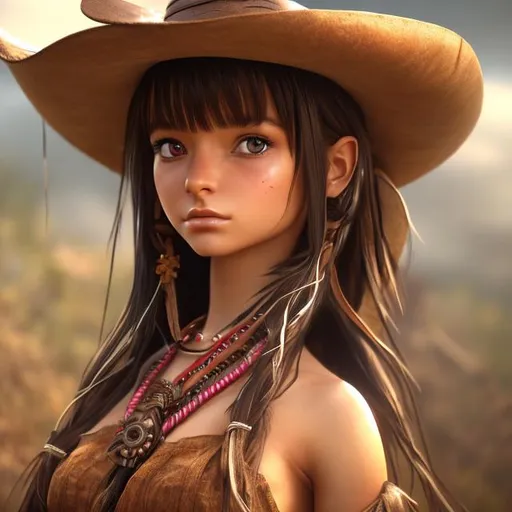 Prompt: 4k high resolution cgi anime western, full body picture, indigenous female, young, beautiful, 