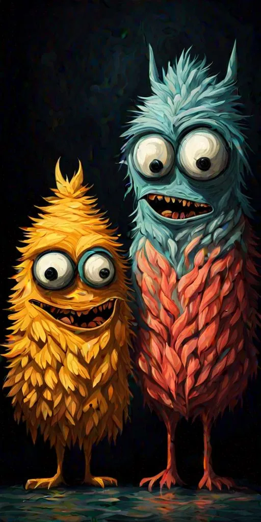 Prompt: two scary monster runepunk standing close to each other, in the style of acrylic art, darkly comedic, slumped/draped, minimalist painter, felt creations, flickr, caninecore 
