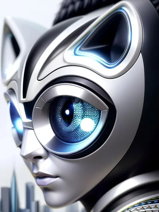 Prompt: head and shoulders portrait future style city druid, soft silver Panther aura, photorealistic, hypermaximalist, large detailed eyes, award winning photography, perfect moment, vibrant, highly detailed, cinematic, UHD, hyperrealism painting, design matte painting, vanishing point, digital render, digital painting, perfect ratio, intricate, ancient futuristic, magic, sf, intricate artwork masterpiece