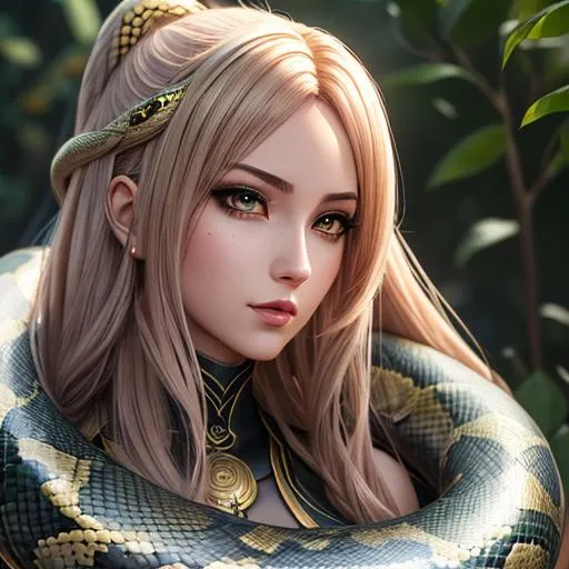 Prompt: anime version, female anthropomorphic snake, lamia, highly detailed face, highly detailed eyes, full body, whole body visible, full character visible, soft lighting, high definition, ultra realistic, 2D, 8K, digital art