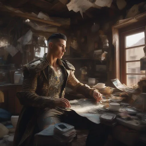 Prompt: realistic baroque painting of close-up Environmental shot of a male  Cyborg in a cluttered and messy shack, short slicked back brown pompadour undercut, action shot, tattered torn shirt, porcelain cracked skin, (vibrant, photo realistic, realistic, dramatic, dark, sharp focus, 8k).