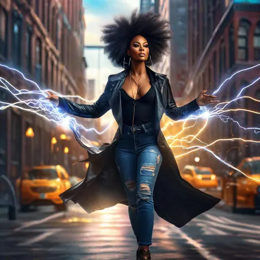 Prompt: Black woman magician (in modern urban clothes) with electricity flowing from arms, hdr render, soft lighting , full body, digital painting, studio photo, intricate details, professional, highly detailed, 8k uhd, epic, stunning, in New York city, action shot, soft, voluminous