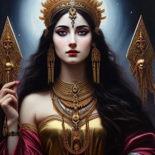 Prompt: goddess, high priestess, dominant, gothic, girlfriend, oil painting, hd, 8k, very detailed, hyper realistic