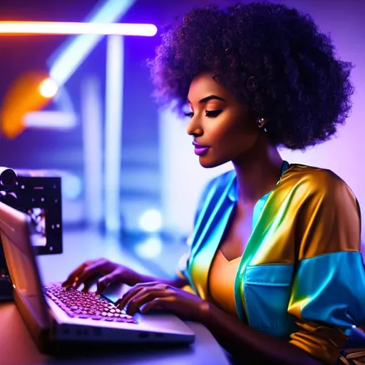 Please produce a photograph of a black woman robotics engineer working on robots outdoors caramel s