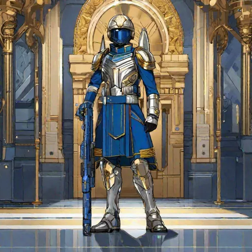 Prompt: Front view, whole figure. full body. A scifi Royal guard blue scifi 20th century uniform. silver and gold details. He is stands on guard. he wears a scifi rifle. In background a scifi royal palace. Rpg art. Rpg. 2d art 2d. Well draw face. Detailed. 