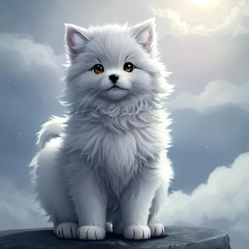 Prompt: Cute, very, very, light gray, fluffy, fantasy light puppy, with cloudy, white eyes, very, light, light, gray fur, and possessing the element of air and making circles of clouds and air move around in the air in a magical way, in a space background. Perfect features, extremely detailed, realistic. Krenz Cushart + loish +gaston bussiere +craig mullins, j. c. leyendecker +Artgerm.