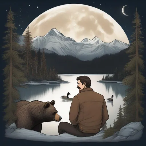 Prompt: A profile picture of a handsome brunette man with a mustach surrounded by a brown bear, Sitka Spruce trees, and Canadian geese, and framed by mountains, the moon and constilations