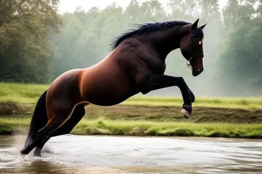 Prompt: Horse jumping in the river Water