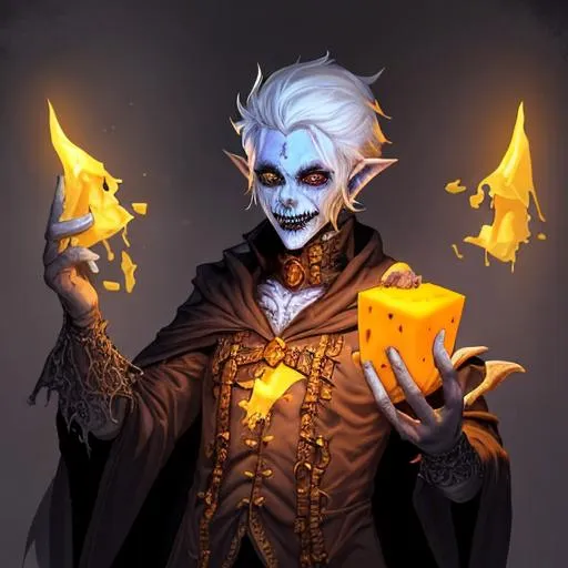 Prompt: a fantasy dungeons and dragons character, undead human, male, dressed like a necromancer but their spells and clothes are cheese-themed, and actively casting a spell that's cheese