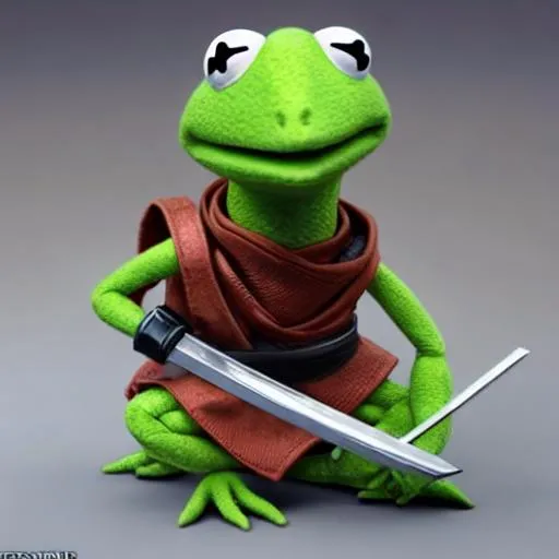 Prompt: Kermit the frog as a battle ready ninja. He is wielding a katana with his hand. Hyper realistic, 3D rendering Pixar, accurate eyes