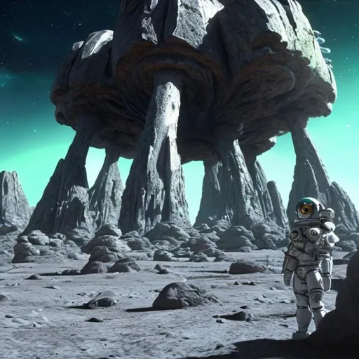Prompt: photorealistic image of megalithic alien structures with an army of space suit wearing Ezo-momonga stood around 