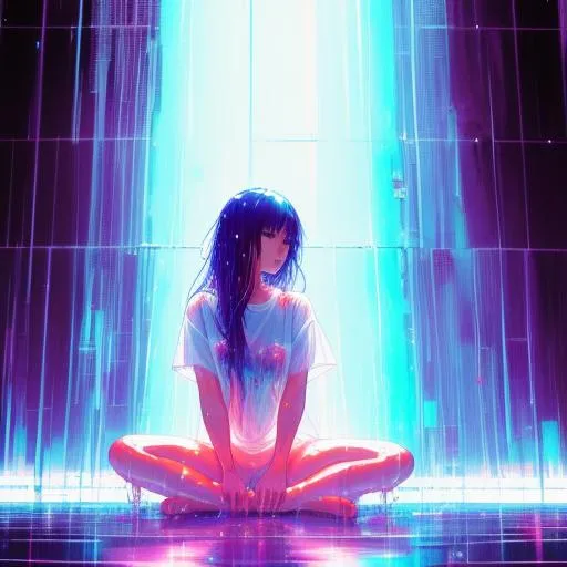 Prompt:  gorgeous stunning anime girl, aged 23, blone hair, Full body, sit cross-legged, glamour, wear wet see-through white T-shirt, wet skin, Wet hair, night sky, rain, hyperdetailed painting, luminism, art by Carne Griffiths and Wadim Kashin concept art, 4k resolution, fractal isometrics details bioluminescens , 3d render, octane render, intricately detailed , cinematic, trending on artstation Isometric Centered hypereallistic cover photo awesome full color, hand drawn , gritty, realistic mucha , intricate, hit definition , cinematic,Rough sketch, bold lines, on paper.