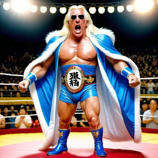 Prompt: Photo realistic, style Looney Toons, a little person, Chinese version of WWE wrestler Ric Flair yelling, bleach blond flowing mullet hair, wearing  wrestling blue trunks and a long glittering flowing blue robe with big white fuzzy collar,  blue wrestling boots, muscular arms raised, muscles, gold championship wrestling belt around his waist, he is entering a wrestling ring in China, chinese audience and banners, studio lighting, exciting aura