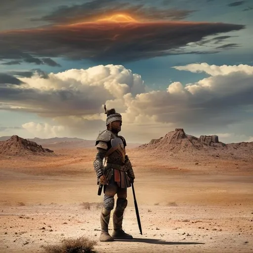 Prompt: A lone warrior stands in the barren and dry desert. He faces a god of unimaginable power. Faced with insurmountable odds, he stands his ground. The universe seems to stand still as they watch this standoff.