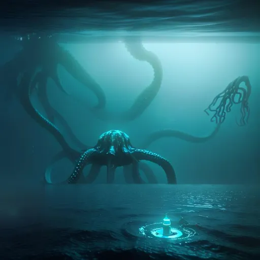 Prompt: swimming in the vast watery plane, surrounded by huge kraken shadow in the deep ocean, eerie deep gravitational lensing in the fog, Rainfall,  mechanical machine on the grid, while someone are inventing a mini blackbox power source
