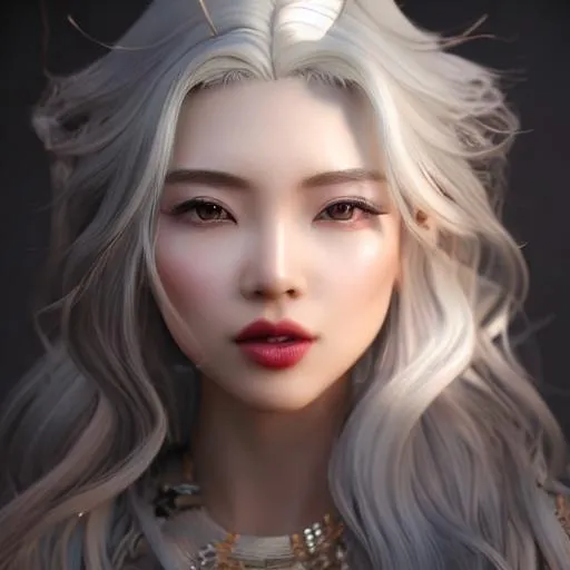 Prompt: Portrait of a Beautiful woman, kidmo face,cute, korean face, beautiful eyes, intricate silver hair, intricate, anime vibes, sun shadow effect, white skin, smiling, perfect body, perfect eyes, uhd, super detailed, hd, 4k,8k, unreal engine 8k octane,  lighting studio, trending on artstation, oil painting, fractal, perfect composition, hyperrealistic, Digital art by greg rutkowski, unreal engine, smooth face, 