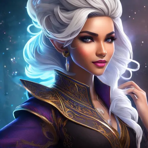 Prompt: splash art, hyper-detailed perfect face, full body, vibrant colors, hyper-realistic, highly detailed. a dark-skinned woman, with gray hair {pixie style haircut}, pointy ears [Elf Ears], soft facial features, and a pretty face. She is dressed stylishly in linen clothing, playing guitar