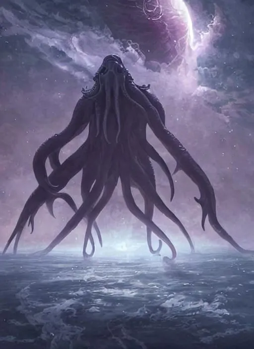 Cthulhu in space looking at earth, larger than earth... | OpenArt