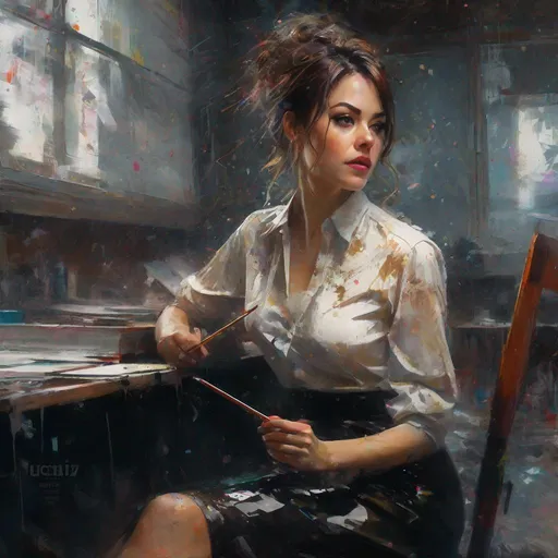 Prompt: A mature teacher in a latex pencil skirt and a latex blouse is banging a student detailed dark cinematic painting, hole figure in the format


  masterpiece, textured Speedpaint with large rough brush strokes and paint splatter by Jeremy Mann, Carne Griffiths, Junji Ito, Robert Oxley, Ismail Inceoglu, masterpiece, trending on artstation, particles, oil on canvas, highly detailed fine art, ink painting, hyperrealism | Pixar gloss | polished, Anato Finnstark | Android Jones | Darek Zabrocki, Boris Vallejo, David