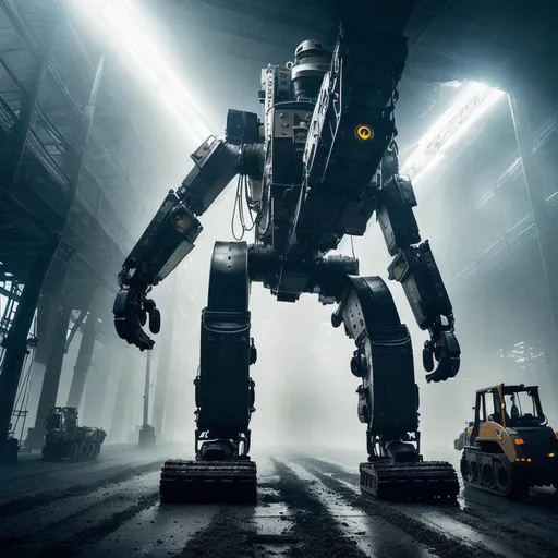 Prompt: Mystical photo of a humanoid robot working amidst heavy machinery, capturing the human element within the industrial environment, highlighting the dedication and resilience of the workforce, art by renowned documentary photographer. enchanting, foggy ambiance, mysterious lighting, dark tones, gothic aesthetic, hauntingly beautiful, trending on art platforms, art by dark fantasy artist.  
