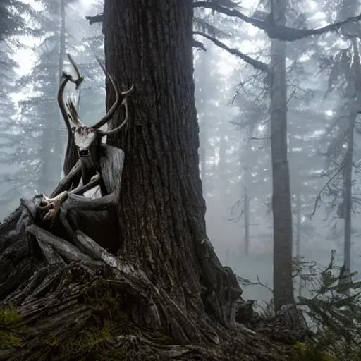 Prompt: Wendigo in a dark misty forest perched atop a tree