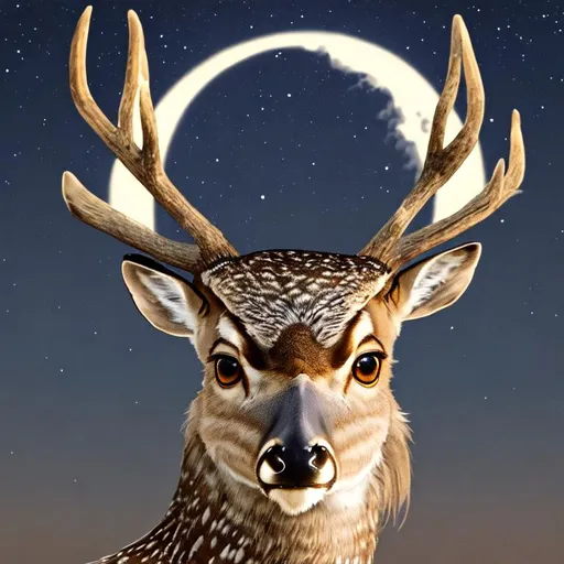 Prompt: High quality photo, a deer with owl head, hyperdetailed, night time, half moon in the sky, stars shouting, medium shot