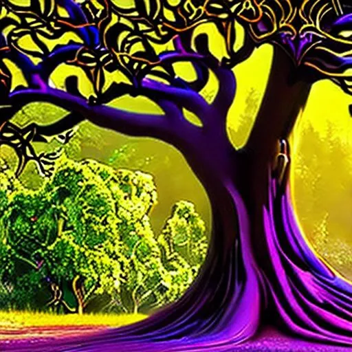 Prompt: Vines growing from a Druids heart through her body into a dead tree brining it back to life, a masterpiece, dark fantasy concept art, dynamic lighting, hyperdetailed, intricately detailed, Splash screen art, deep color, Unreal Engine, volumetric lighting, Alphonse Mucha, Jordan Grimmer, purple and yellow complementary colours