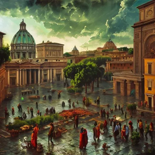 Prompt: roma, oil painting, light from sky, sad people, green plants, tragic, over powered, rich and poor

