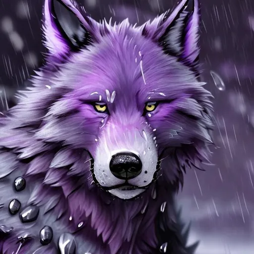 Prompt: A cartoony purple furry wolf with rain in the background
