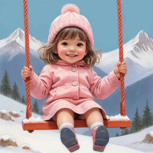 Prompt: <mymodel> cute  little girl sitting on top of a swing. swinning .  far away mountain snow cap.  happy face. detail face.  pastel colour


