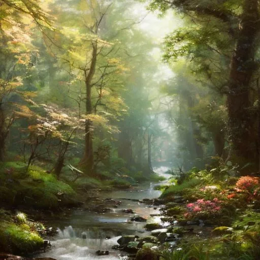 Prompt: A forest, luscious green, filled with flowers and a little stream. Krenz Cushart + loish +gaston bussiere +craig mullins, j. c. leyendecker +Artgerm, oil painting texture. 