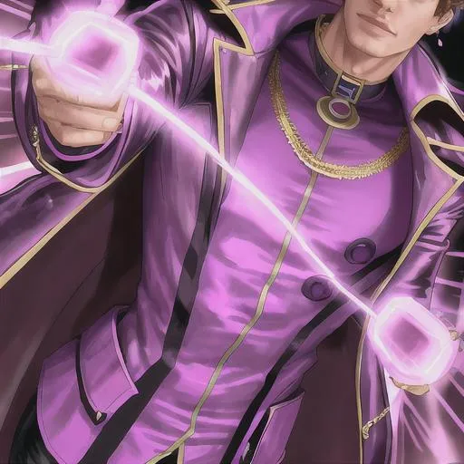 Prompt: Psychic Man in Leather Purple Jacket, Gold_Necklace, Crowd Control, Deception Boost: magnitude .